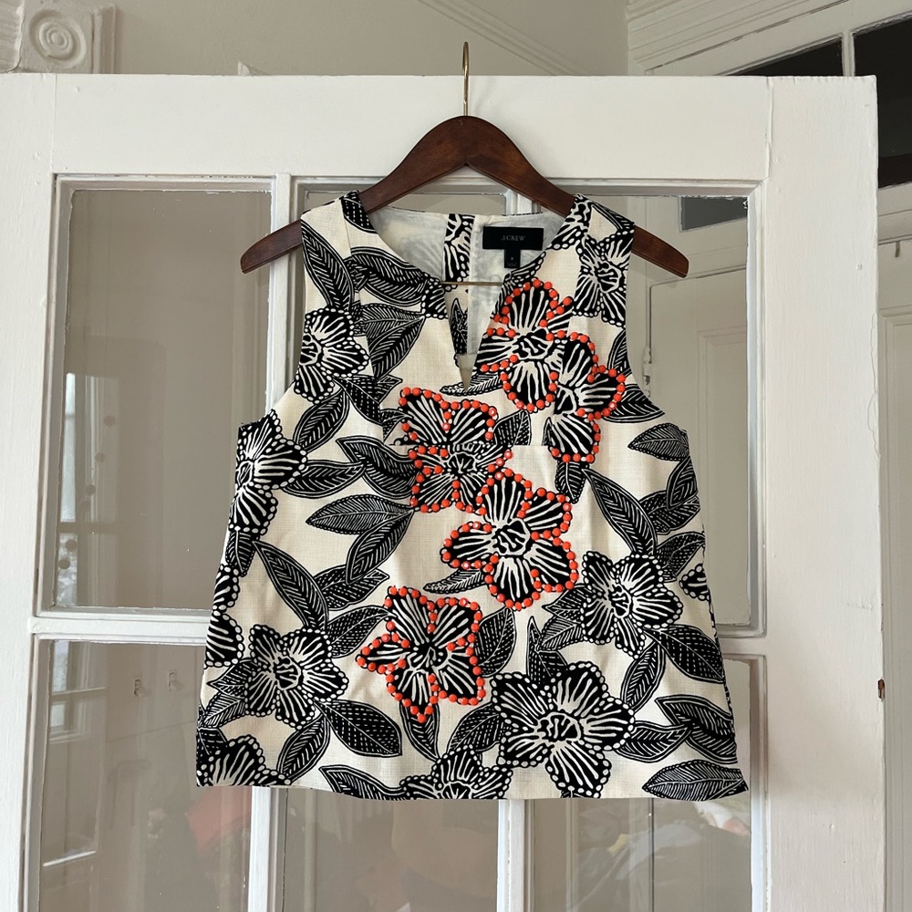 J. Crew Floral Sleeveless Cotton Blouse With Beads